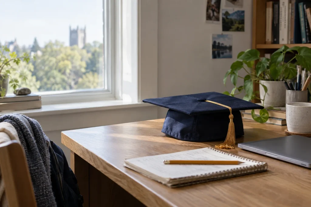 Graduation cap beside a laptop and study notebook, representing high school achievement.