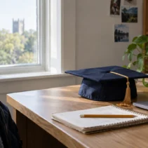 Graduation cap beside a laptop and study notebook, representing high school achievement.