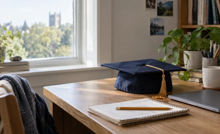 Graduation cap beside a laptop and study notebook, representing high school achievement.