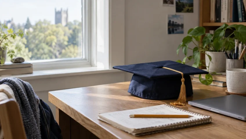 Graduation cap beside a laptop and study notebook, representing high school achievement.