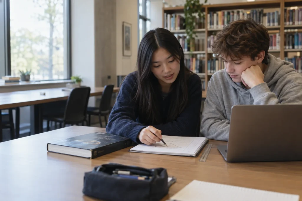Students working through a mathematics exercise with a laptop and study notes.