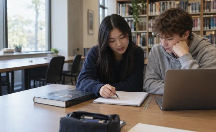 Students working through a mathematics exercise with a laptop and study notes.