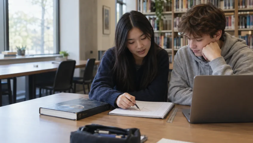 Students working through a mathematics exercise with a laptop and study notes.