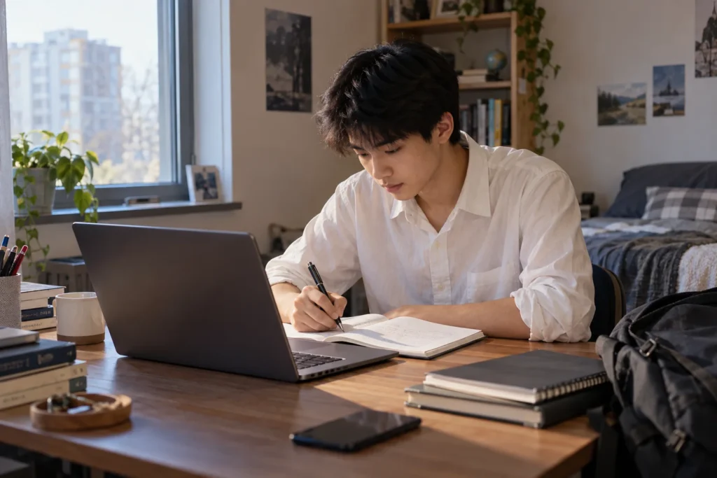 Student completing online coursework at home alongside his school notebooks.