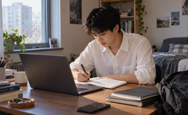Student completing online coursework at home alongside his school notebooks.