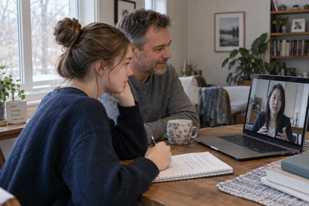Student and parent discussing school pathways with an academic advisor on a video call.