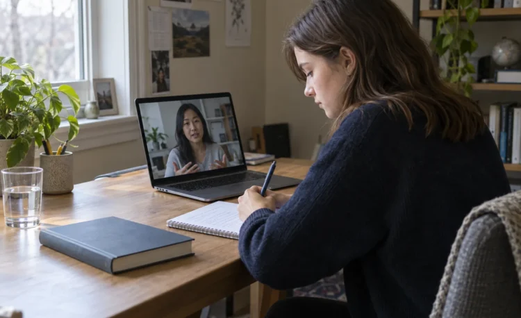 Student taking notes during a live online lesson with a teacher on her laptop.