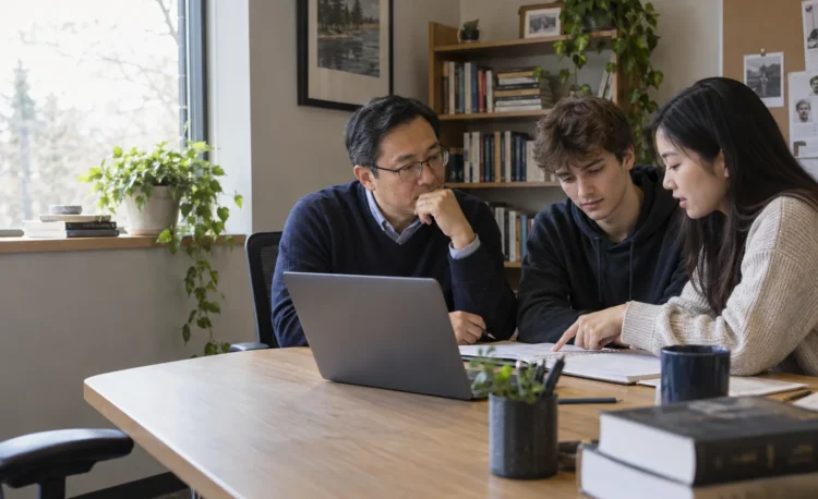 Students reviewing a university study plan with an academic advisor.